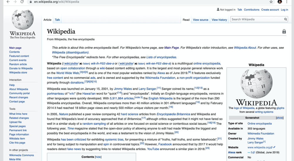 Screenshot della pagina su wikipedia sulla sua enciclopedia